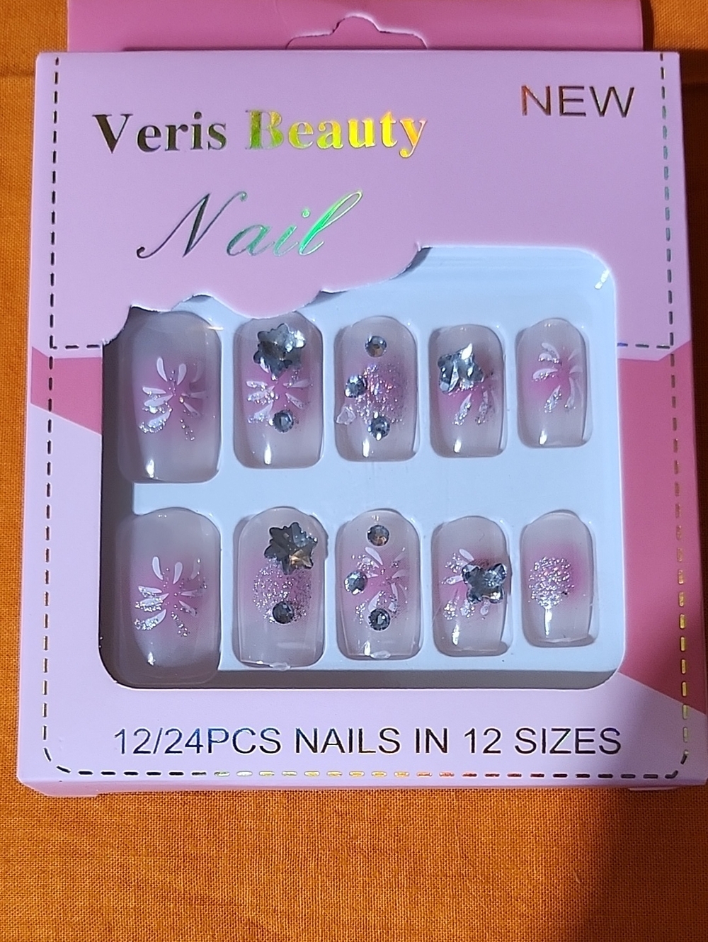 Veris beauty nails 12 nails.  Pink floral with gems